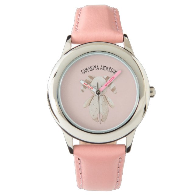 Moderne Schönheit Pastell Pink Bunny mit Namen Armbanduhr (Vorderseite)