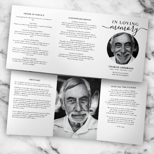 Moderne Schrift 2-Foto-Trifold-Trauerprogramm Dreifach-gefaltete Programmkarte