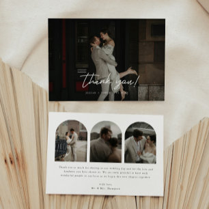Moderne Schrift 4-Foto-Bogen-Hochzeitspaar Dankeskarte