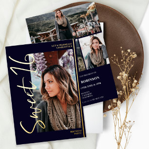 Moderne Schrift 4 Fotos schwarz Sweet 16 Gold Folieneinladung