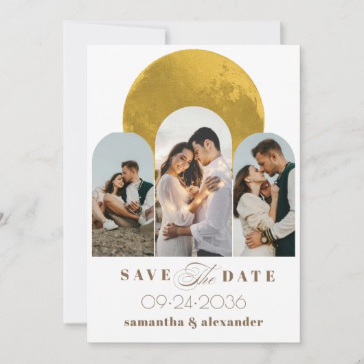 Moderne Schrift Arch Celestial Mond 3 Foto Elegant Save The Date (Vorderseite)