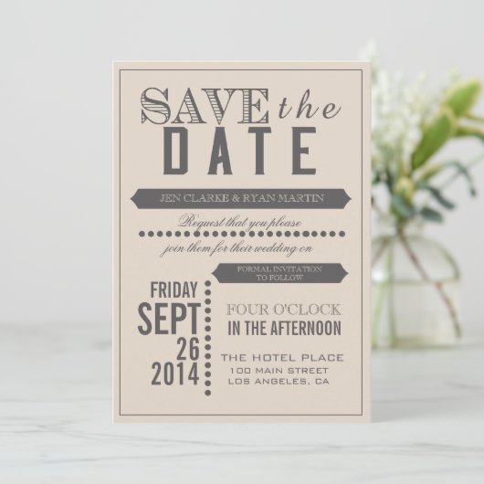 Moderne Schrift Beige & Grau Save the Date (Stehend Vorderseite)