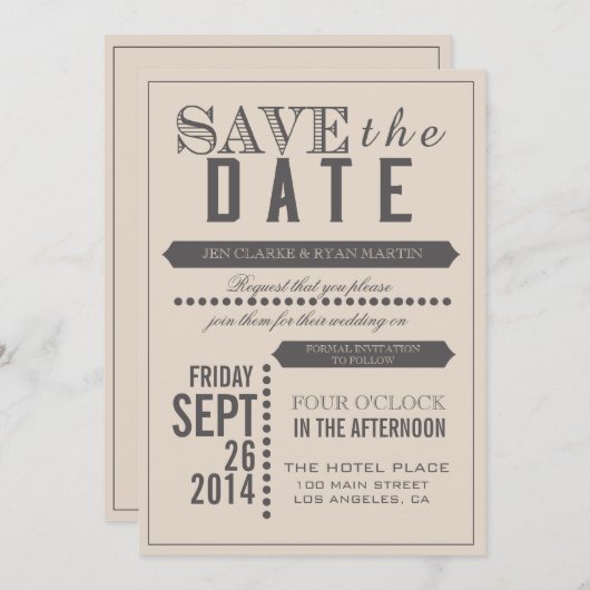 Moderne Schrift Beige & Grau Save the Date (Vorne/Hinten)