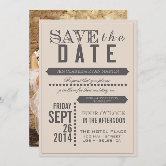Moderne Schrift Beige & Grau Save the Date (Vorne/Hinten)