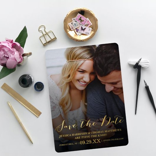 Moderne Schrift | Benutzerdefiniertes Foto Save th Folieneinladung