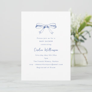 Moderne Schrift Coquette Schleife Blaue Babyparty Einladung