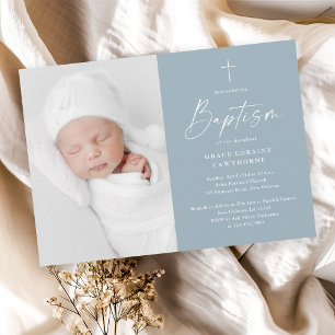 Moderne Schrift Dusty Blue Jungen Foto Taufe Einladung