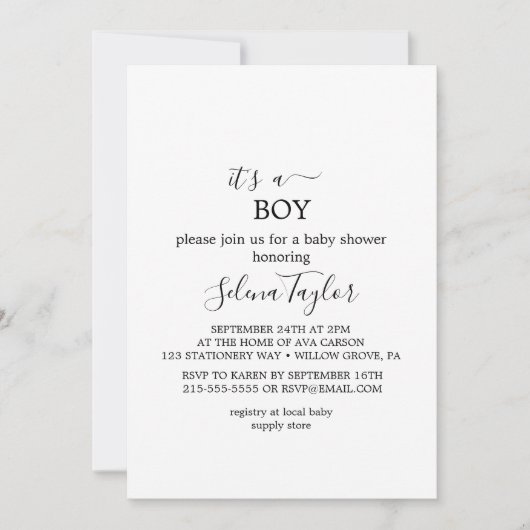 Moderne Schrift | Es ist eine Boy Baby Shower Einl Einladung (Vorderseite)