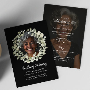 Moderne Schrift Eukalyptus Foto Trauer-/Gedenkfeie Einladung