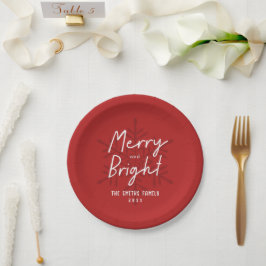 Moderne Schrift Merry & Bright Schneeflocken Weihn Pappteller