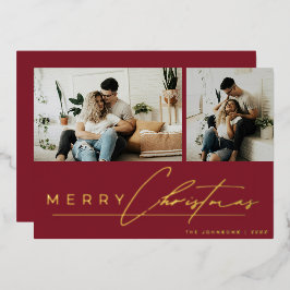 Moderne Schrift Minimal Foto Rot Frohe Weihnachten Folien Feiertagskarte