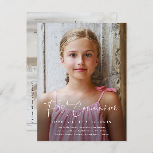 Moderne Schrift Religiöse Erste Kommunion Einladungspostkarte (Vorne/Hinten)