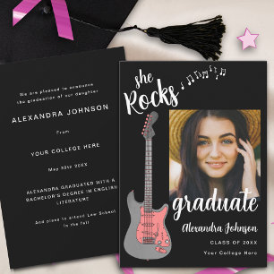 Moderne Schrift Rosa Gitarre Absolventen Foto Einladung