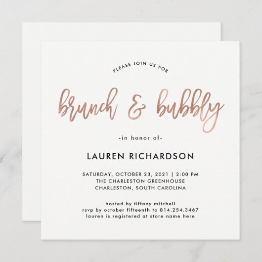 Moderne Schrift | Rose Gold Brunch und Bubbly Einladung (Vorne/Hinten)