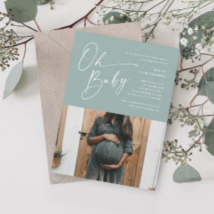 Moderne Schrift Sage Green Foto-Baby-Party Einladung