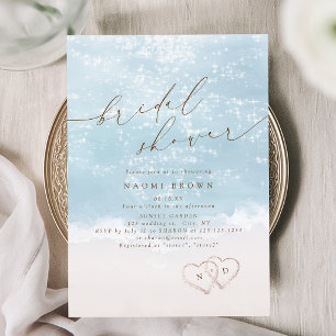Moderne Schrift Sand Herzen Strand Brautparty Einladung