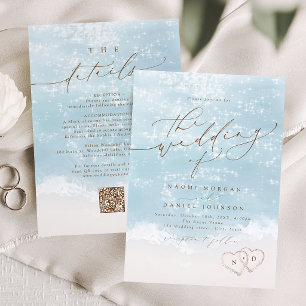 Moderne Schrift Sand Herzen Strand Hochzeit Alles Einladung