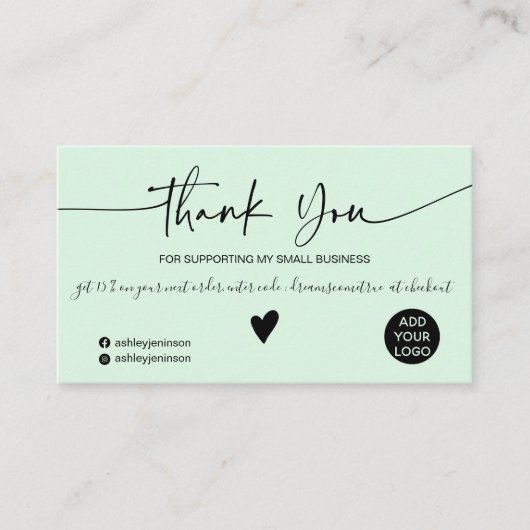 Moderne Schrift schwarz Minze grüne Ordnung danke Visitenkarte (Vorderseite)