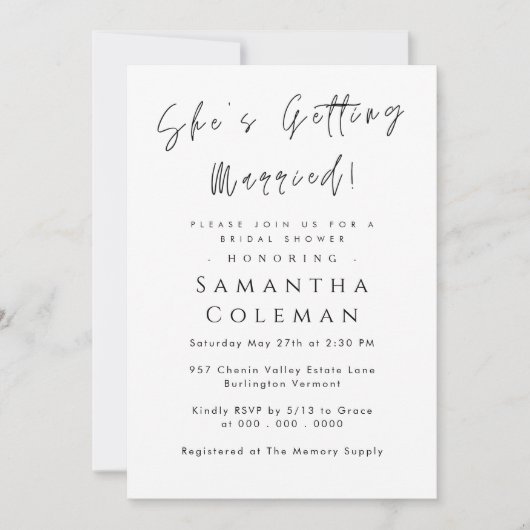 Moderne Schrift Sie wird heiraten Brautparty Einladung (Vorderseite)