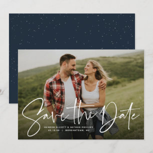Moderne Schrift trendy navy Save the Date Fotokart