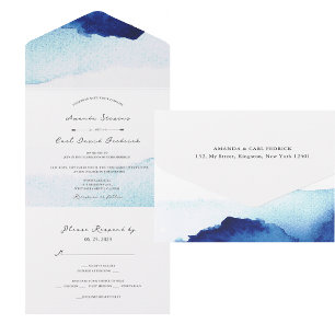 Moderne Schrift Wasserfarbe Indigo Blau Hochzeit All In One Einladung