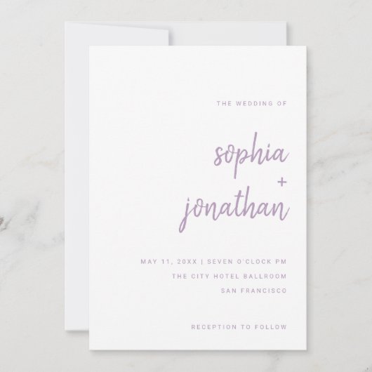 Moderne Schrift | White and Lavender Wedding Einladung (Vorderseite)