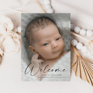 Moderne Schrift Willkommen Baby Foto Geburtsdetail Dankeskarte