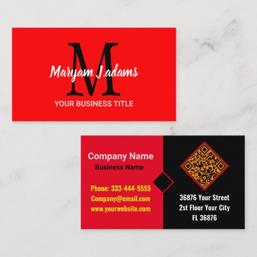 Moderne Schriftmonogramm (QR-Code) Chic Schwarz Ro Visitenkarte (Vorne/Hinten)
