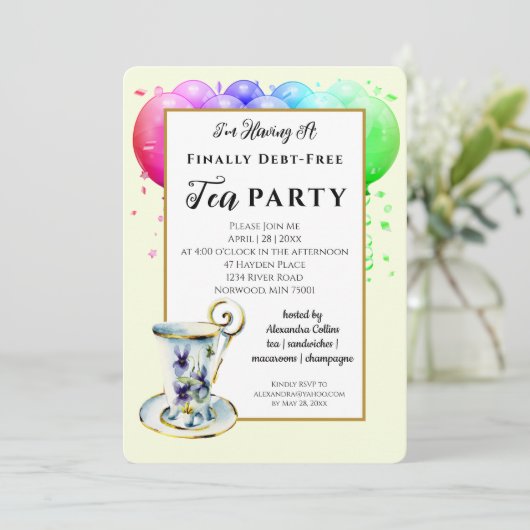 Moderne Schulden Kostenlose Tee Party Einladung (Stehend Vorderseite)