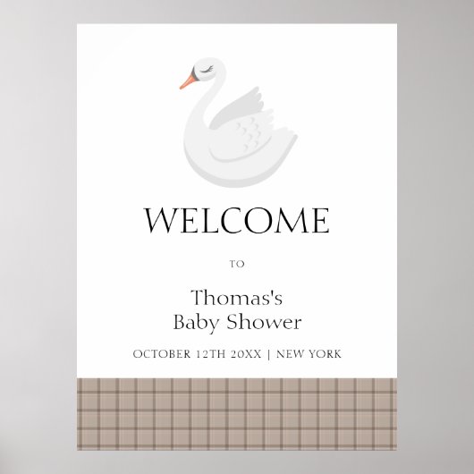 Moderne schwan Kariert Gingham Boy Baby Dusche Wil Poster (Vorne)
