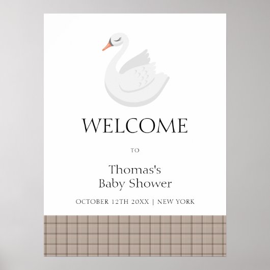 Moderne schwan Kariert Gingham Boy Baby Dusche Wil Poster (Vorne)
