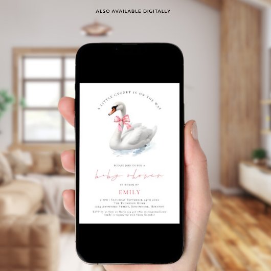 Moderne Schwan Pink Bow Babydusche Einladung