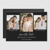 Moderne Schwarz-3-Foto-Hochzeit rettet das Datum Magneteinladung (Vorne/Hinten)