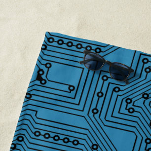 Moderne Schwarz auf Aquamarin-Blau-Computerplatine Strandtuch