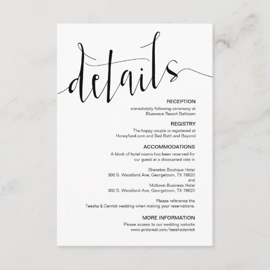 Moderne schwarz bearbeitbare Hochzeitdetails Begleitkarte (Vorderseite)