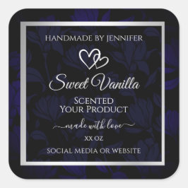 Moderne Schwarz-Blau-Flora-Produktkennzeichnungen  Quadratischer Aufkleber