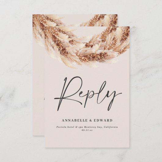 Moderne schwarz chic rustikale Pampas Gras Hochzei RSVP Karte (Vorne/Hinten)