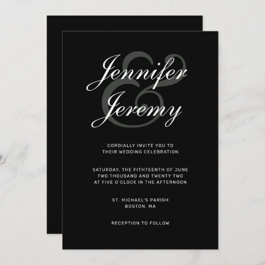 Moderne Schwarz Elegant White Gray Script Hochzeit Einladung (Vorne/Hinten)