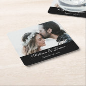 Moderne Schwarz-Elegante-Kalligrafie-Foto Hochzeit Rechteckiger Pappuntersetzer (angewinkelt)