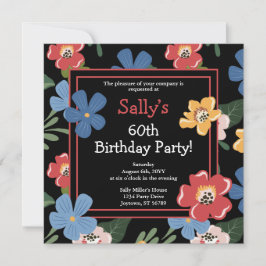 Moderne Schwarz farbenfrohe Flora 60. Geburtstagsp Einladung