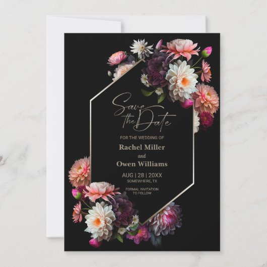 Moderne Schwarz-Flora-Hochzeit rettet das Datum Save The Date (Vorderseite)
