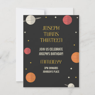 Moderne schwarz-gelbe Sterne und Planeten Geburtst Einladung