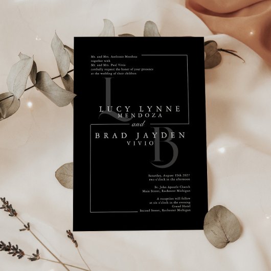 Moderne Schwarz Geometrische Initialen zum Hochzei Einladung