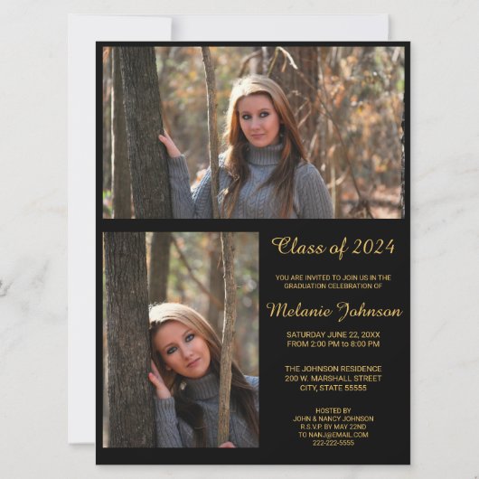 Moderne Schwarz-Gold-Abschluss-Einladung Einladung (Rückseite)