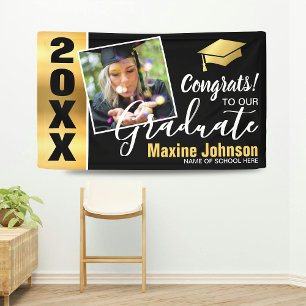 Moderne Schwarz & Gold Abschlussklasse 2026 Foto A Banner