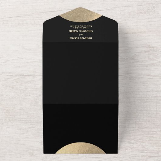 Moderne Schwarz/Gold Abstrakte Hochzeit All In One Einladung (Außenbereich)
