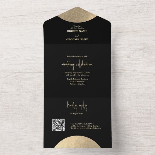 Moderne Schwarz/Gold Abstrakte Hochzeit All In One Einladung (Innen Boden)