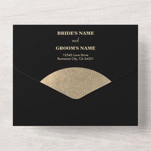 Moderne Schwarz/Gold Abstrakte Hochzeit All In One Einladung (Rückseite)