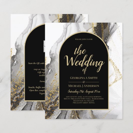 Moderne Schwarz-Gold-Agate-Marmor-Glitzer Hochzeit (Vorne/Hinten)