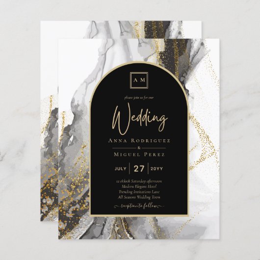 Moderne Schwarz-Gold-Agate-Marmor-Glitzer Hochzeit (Vorne/Hinten)